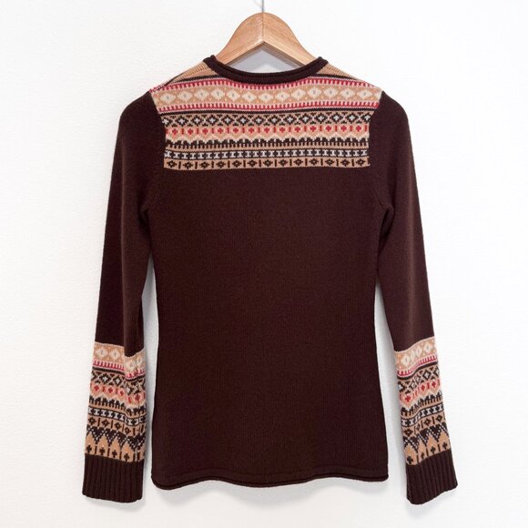 Brown and Beige Fair Isle 100% Cashmere Henley Sweater Size Small - Picture 2 of 8